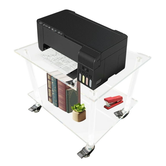 AcrylicPrinterStand2-TierUnderDeskPrinterTablewithWheelsRollingCartfor Storing Printers, Copy Paper, Faxes, Books