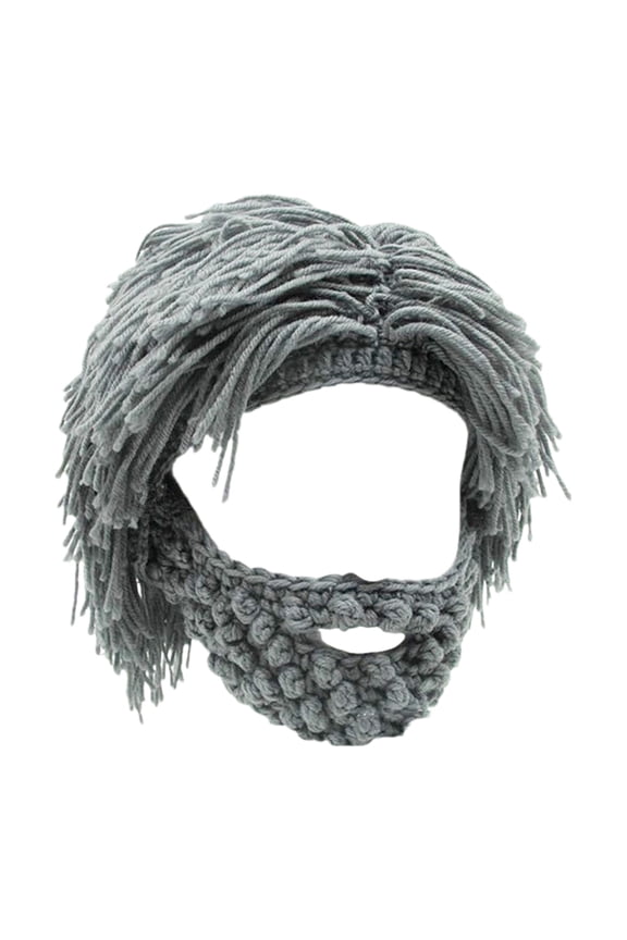 Acrylic Punk Style Beanie with Attached Beard - Acrylic Punk Style Beanie, Wig and Knitted Beard for Men Women, Boyfriend Valentines Day Gifts Light Gray