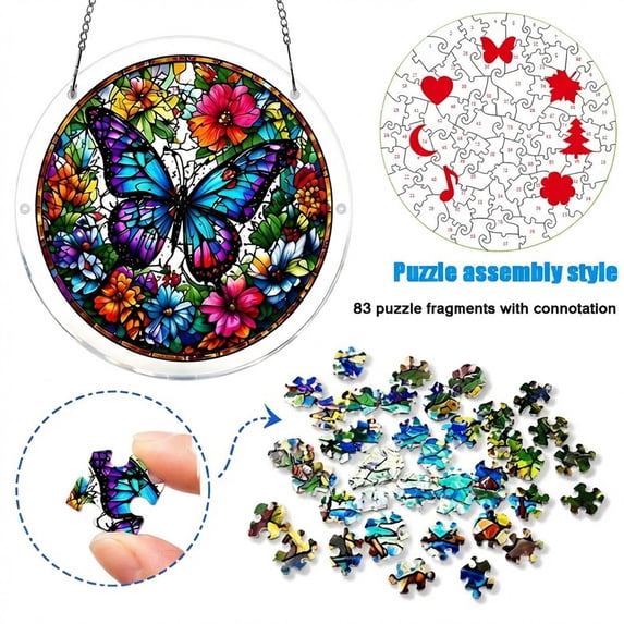 Acrylic Puzzle Stained Glass Window Hanging, Butterfly with Blooms Flowers 83 Pieces Sun Catcher Puzzle Decoration for Window Home Decor, Gifts for Women Men Mom and Nana (1PC, 7.5 Inch)