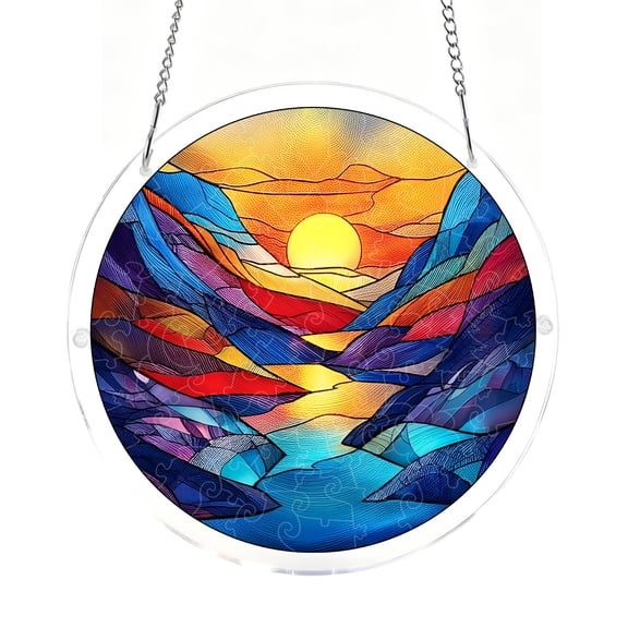Acrylic Puzzle Suncatcher, Acrylic Suncatcher, Stained Glass Window Hanging, Abstract Sunset Canyon & Mountain Design, 7.48 Inch Artistic Nature Decor for Gifts
