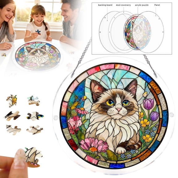 Acrylic Puzzle Suncatcher Animals Theme Window Hanging Home & Garden Decor, DIY SunCatchers Puzzles, Gift for Women, Mom, Friends (7.4 in) Kit,Cat A