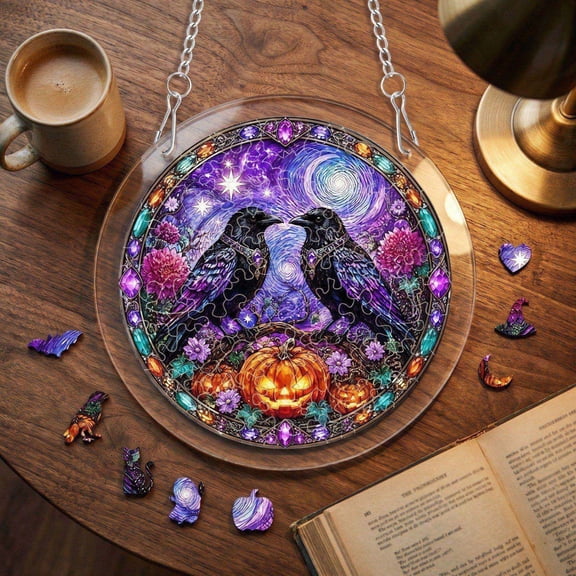 Acrylic Puzzle Suncatcher Halloween Decor, 83 Pcs Stained Glass Window Hanging Sun Catcher, Halloween Witch Puzzle Suncatcher for Window Hanging Art Decor