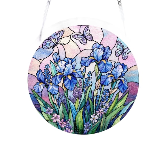 Acrylic Puzzle Suncatcher, Stained Glass Style Blue Iris Butterfly Pattern, 1 Piece 8.0 Inch Round Window Hanging Ornament, Sunlight Catching Home Decor for Window Wall Garden Porch