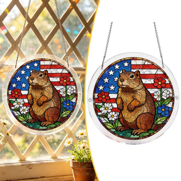 Acrylic Puzzle Suncatcher Window Hanging, 83 Pieces Stained Glass Style Sun Catcher Ornament, Acrylic Garden Home Wall Decor for Birthday Mother Women Men Festival Decoration(Groundhog)
