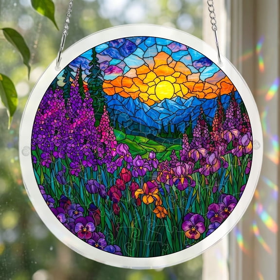 Acrylic Puzzle Suncatcher Window Hanging Deep Purple Floral Sunrise Sunset Design Sunlight Refraction Rainbow Effect DIY Home Decor for Living Room Bedroom Indoor Use Lightweight Durable