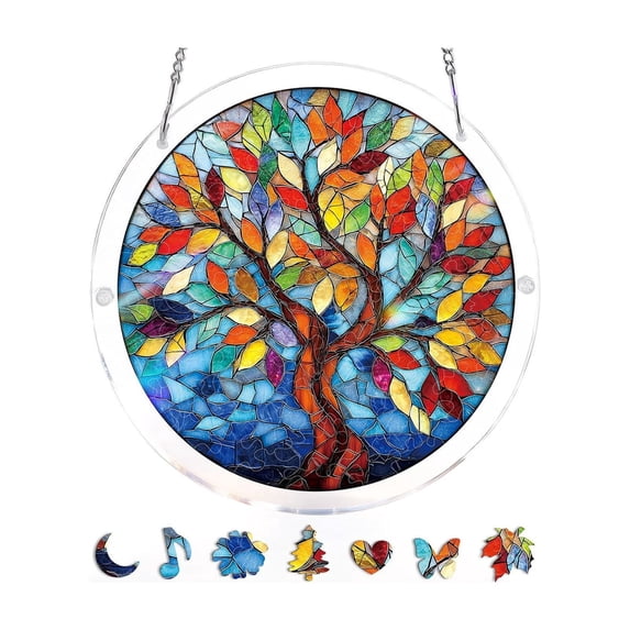 Acrylic Puzzle Window Hanging, Tree Stained Glass Window Hanging, Tree Sun Catcher Decor, Nature Lovers Gifts for Garden Home Windows Hanging Decoration (1PC, 7.1 Inch)