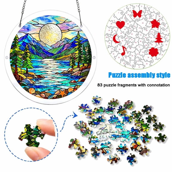 Acrylic Puzzles Suncatcher Window Hanging, 83 Pieces Sun Catcher Stained Glass Acrylic Puzzle Decoration for Women Men Mom Birthday Gift Home Decor,Glazed Mountain Moon