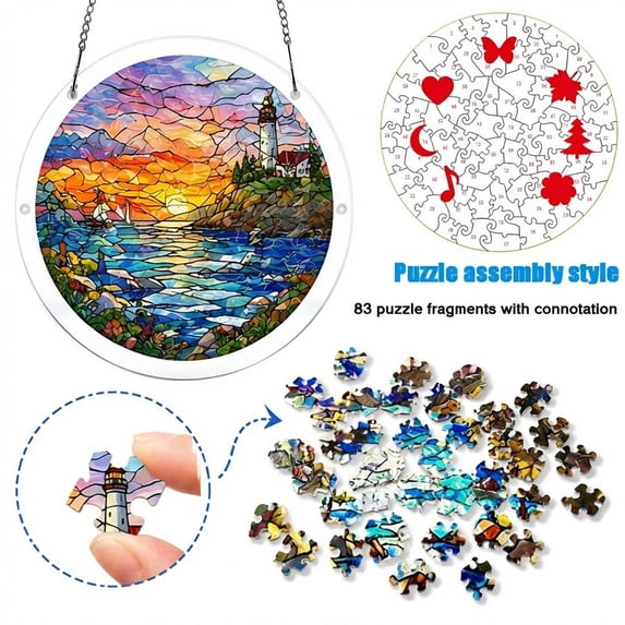 Acrylic Puzzles Suncatcher Window Hanging, 83 Pieces Sun Catcher Stained Glass Acrylic Puzzle Decoration for Women Men Mom Birthday Gift Home Decor,Sea Sun