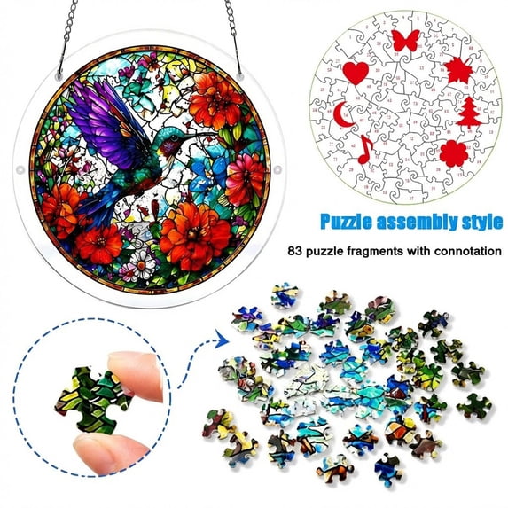 Acrylic Puzzles Suncatcher Window Hanging,83 Pieces Sun Catcher Stained Glass Acrylic Puzzles Decoration for Women Men Mom Birthday Gift Home Decor (Hummingbird in Bloom)