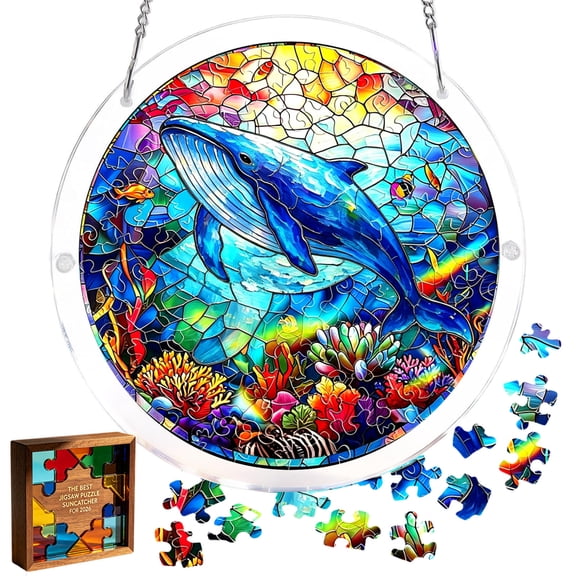 Acrylic Puzzles Window Hanging – 7.4 Inch Sun Catcher with Colorful Light Projection, DIY Puzzle Garden Decor, Double-Sided Transparent, Gift for Women, Home, Garden Hanging (1 Set)