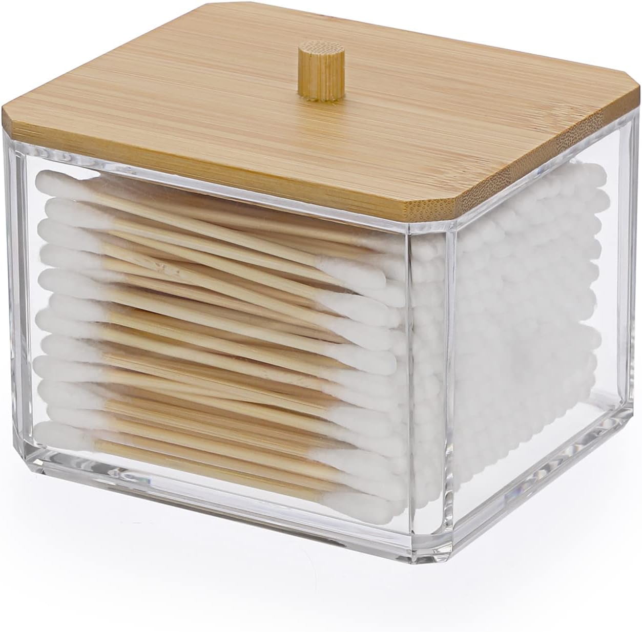 Acrylic QTip Holder with Bamboo Lid Clear QTips Dispenser Bathroom