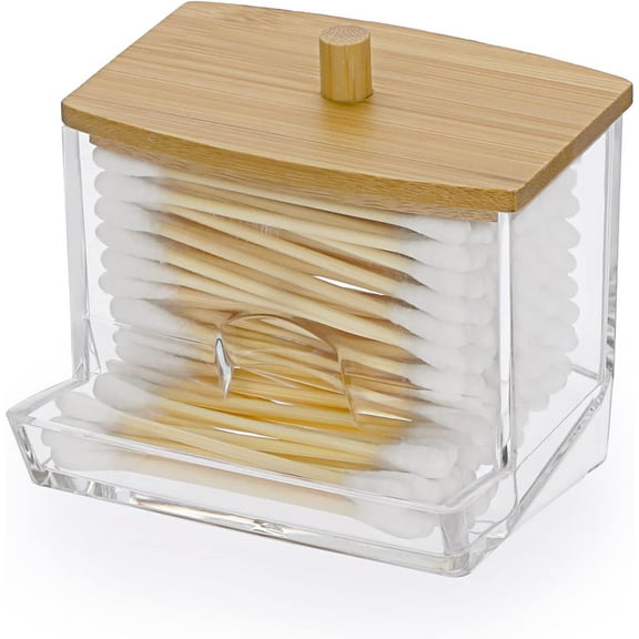 Acrylic Q-Tip Holder with Bamboo Lid - Clear Q-Tips Dispenser Bathroom Containers Canister Cotton Swab Holder Bathroom Countertop Storage Organizer for Q-tip Cotton Swab