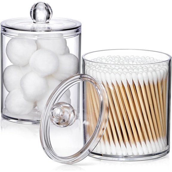 Acrylic Q‑tip Storage Canister, Clear Small Acrylic Jars with Lids for Cotton Swabs, Balls, Pads & Floss Picks, Bathroom Vanity Makeup Organizer with Label Stickers