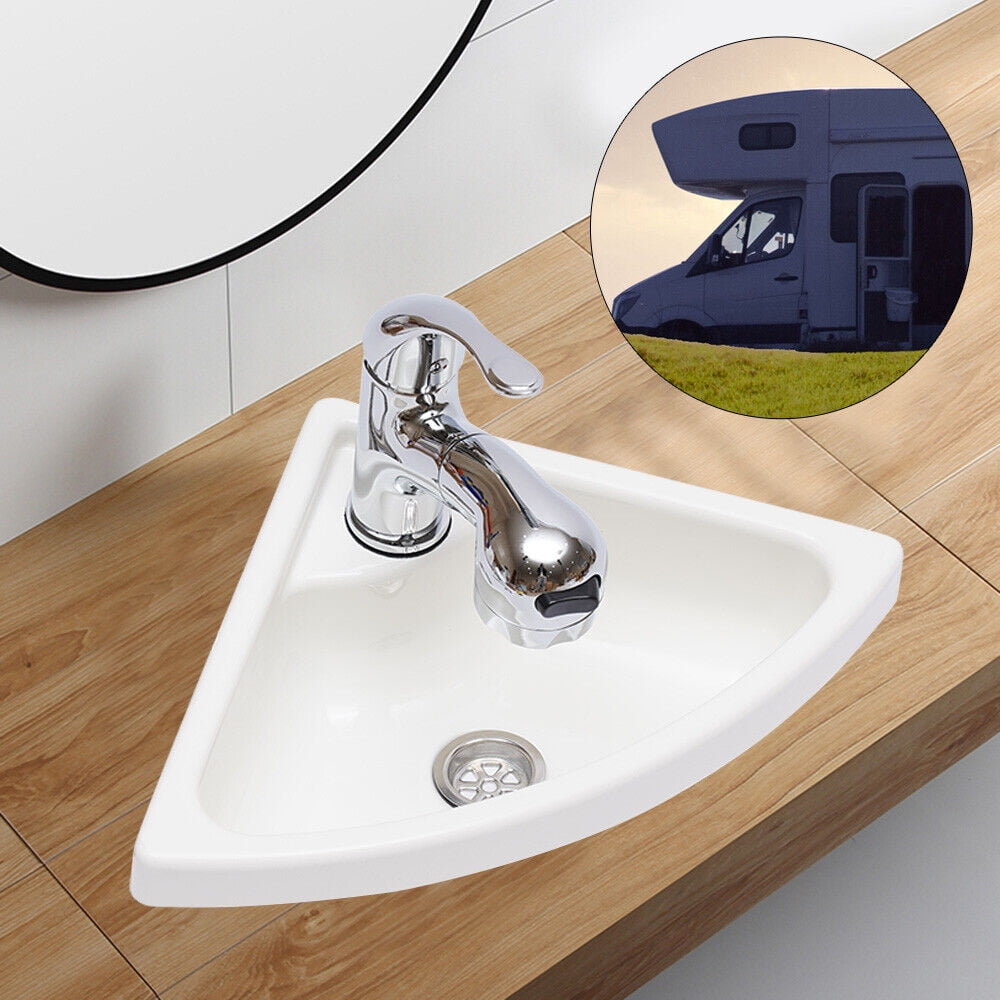 Acrylic RV Triangular Sink with Faucet + Drain Hose Kit Caravan Camper Boat RV Triangular Bathroom Sink Pull Down Sprayer Faucet Kit Lavatory Acrylic Triangular Sink With Faucet & Drain & Hose White