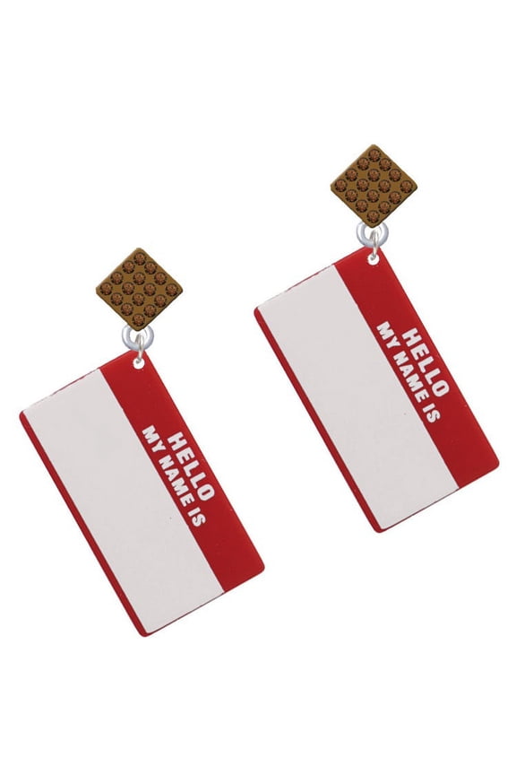 Acrylic Red "Hello" Name Tag Brown Crystal Diamond-Shape Earrings