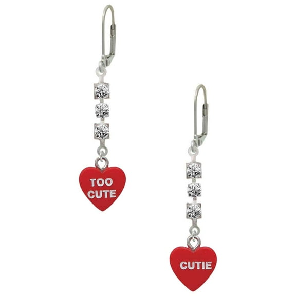 Acrylic Red "Too Cute / Cutie" Heart Crystal Madison Leverback Earrings
