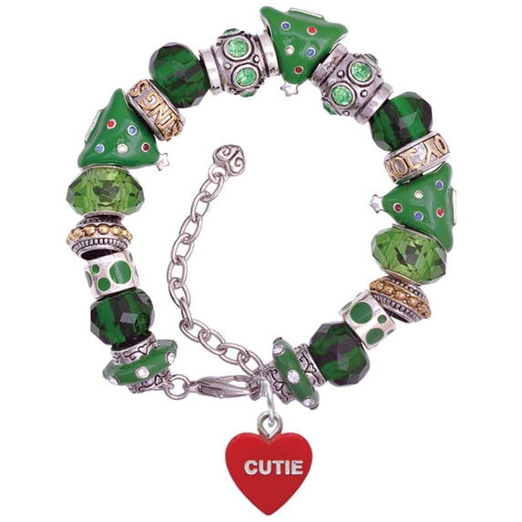Acrylic Red "Too Cute / Cutie" Heart Green Christmas Bead Bracelet
