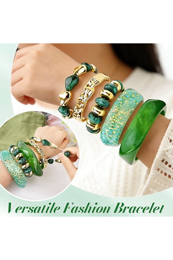 Acrylic Resin Bangle Bracelets for Women | Chunky Geometric Marbled Green Stackable Statement Jewelry Gift Set