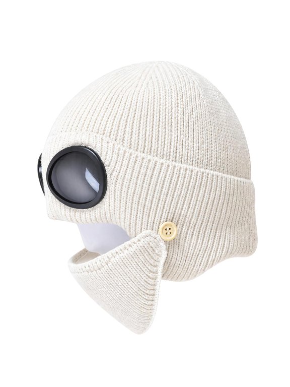 Acrylic Ribbed Goggle Hat for Adults with Extended Ear Coverage and Button-Secured Detachable Face Cover for Cold Weather Styling