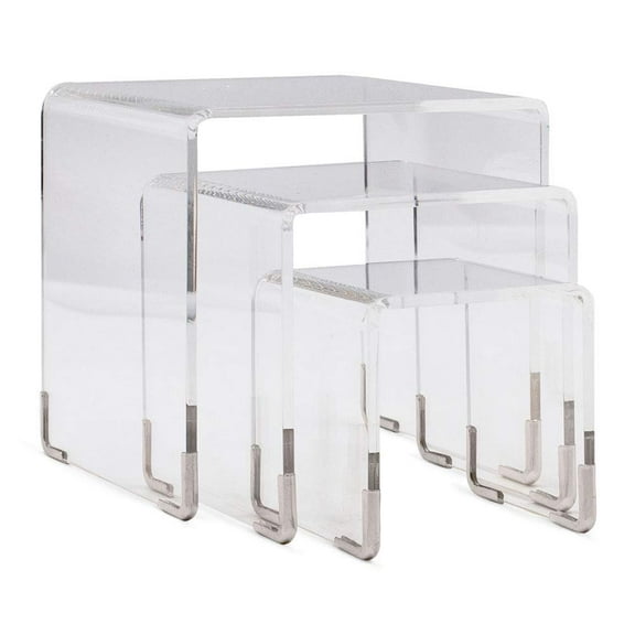 Acrylic Riser Display Stands - 3 Pieces- Clear- Silver Accents Acrylic Risers Shelf Riser Display Stand Set