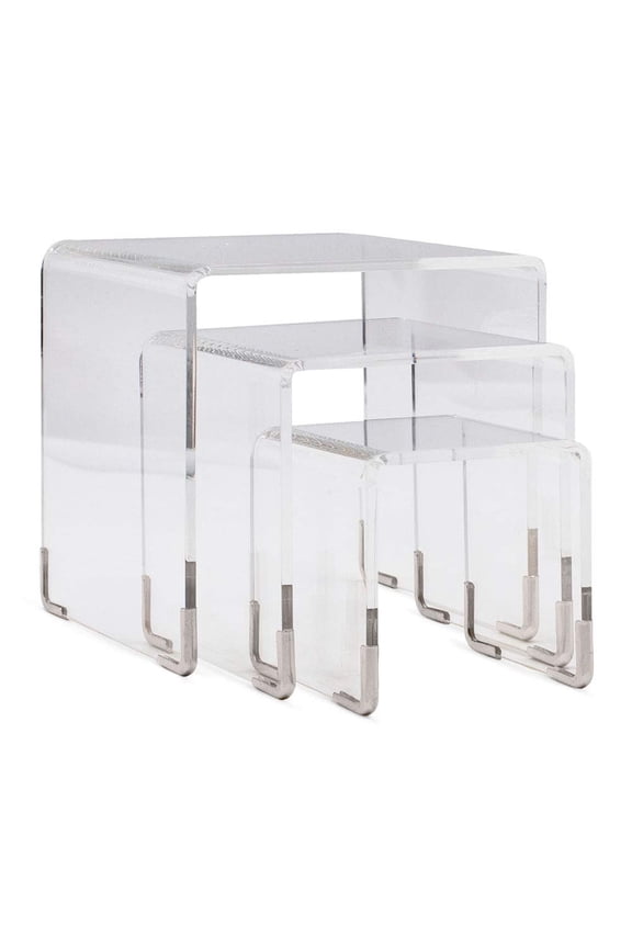 Acrylic Riser Display Stands - 3 Pieces- Clear- Silver Accents Acrylic Risers Shelf Riser Display Stand Set