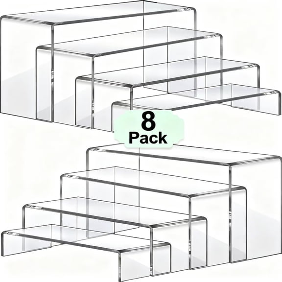 Acrylic Risers 8 Pcs (2 Sets) Clear Rectangular Display for Perfume Organizer, Figures, Jewelry, Decorations, Cupcakes & Dessert Table Display