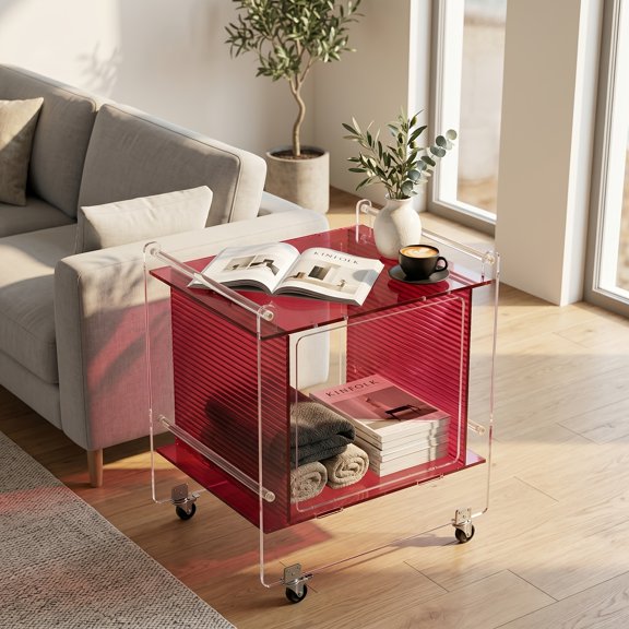 Acrylic Rolling Side Table with Wheels, Storage End Table Nightstand Organizer, Pink