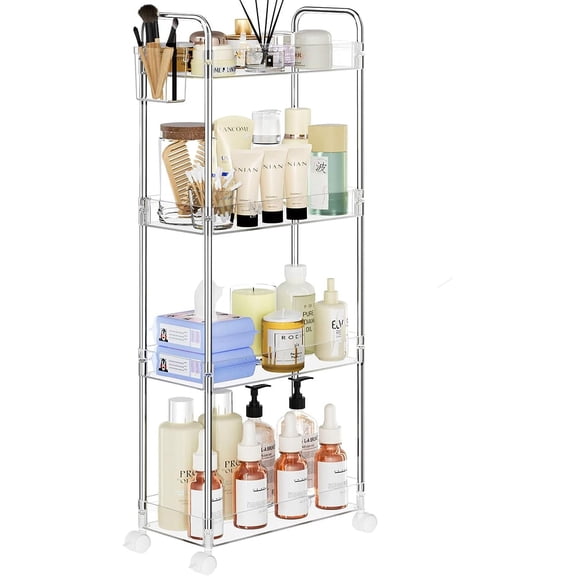 Acrylic Rolling Storage Cart 4 Tier Clear Bathroom Cart Organizer, Transparency Rolling Utility Cart Laundry Room Organization Multifunction Mobile Shelving Unit for Office, Living Room