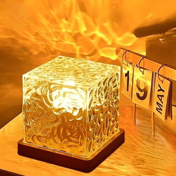 Acrylic Romantic Ocean Wave Night Light Projector Lamp | 3D Water Wave Effect Crystal Table Lamp With Remote Control | LED Projection For Bedroom Dcor, Cube | Table Lamp, Unique Gift Choice
