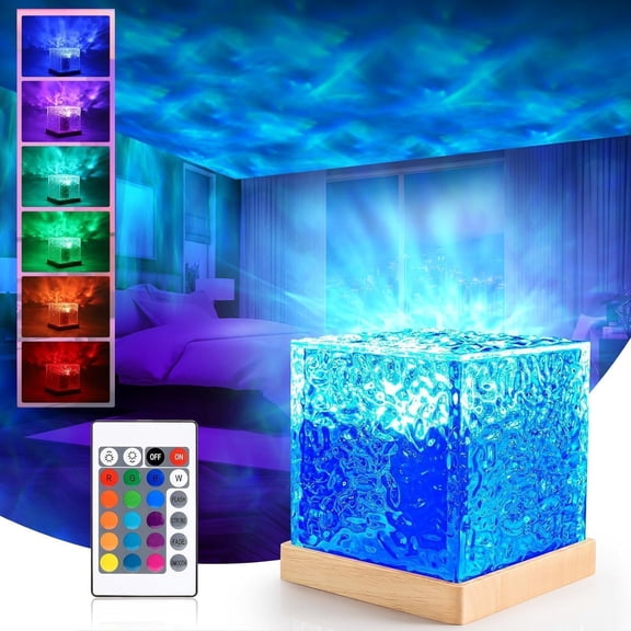 Acrylic Romantic Ocean Wave Night Light Projector Lamp, Cube Shape, Multicolor | 3D Water Wave Effect, LED Projection Lamp For Bedroom Dcor, Remote Control | Compact & Portable Designs