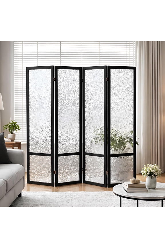 Acrylic Room Divider 4 Panel 67" Tall Room Divider and Privacy Screen with Solid Paulownia Wood Frame, Freestanding Partition Divider for Room Separation, Home, Bedroom, Office - Black
