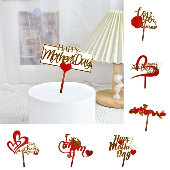 Acrylic Rose Flower Heart Shape Cupcake Topper, Mother's Day Party Cake Topper,Cake Decoration Party Supplies for Mother