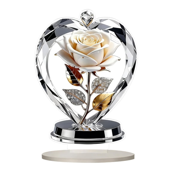 Acrylic Rose Heart Statue, Oimcto Desk Decorative Figurine, Heart Sculpture for Home Table, Shelf or Bookcase, Shiny Reflective Finish, Carefully Crafted, Great Gift for Friend or Family, White