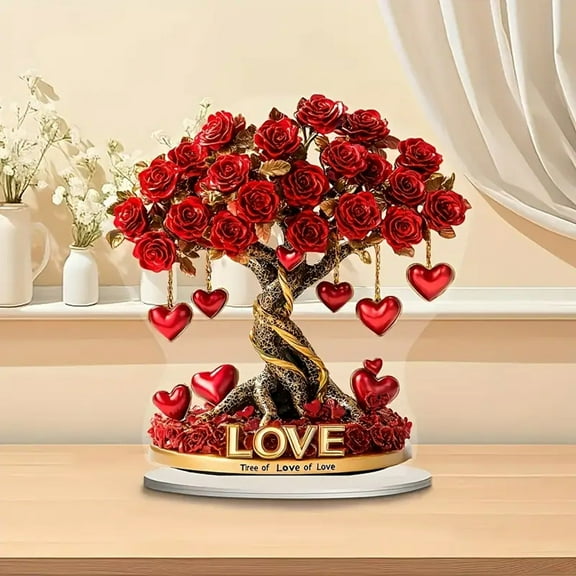 Acrylic Rose Tree Ornament - Heart and Love, Desktop Decor for Valentine’s Day, Romantic Home Accent, Made of Acrylic, Lightweight