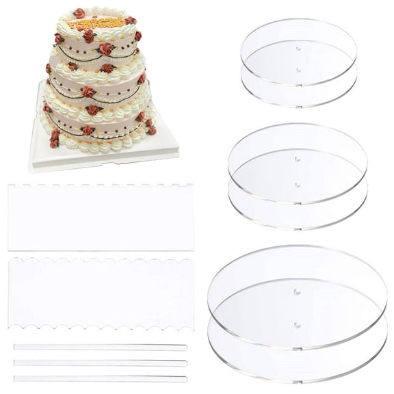 Acrylic Round Cake Discs Set, Cake Smoother Tools with 6 Cake Disks (2 Each of 5.9", 7.9", 9.8"), 3 Clear Dowel Rods and 2 Comb Scrapers, Practical Supplies for 3-Tier Cakes