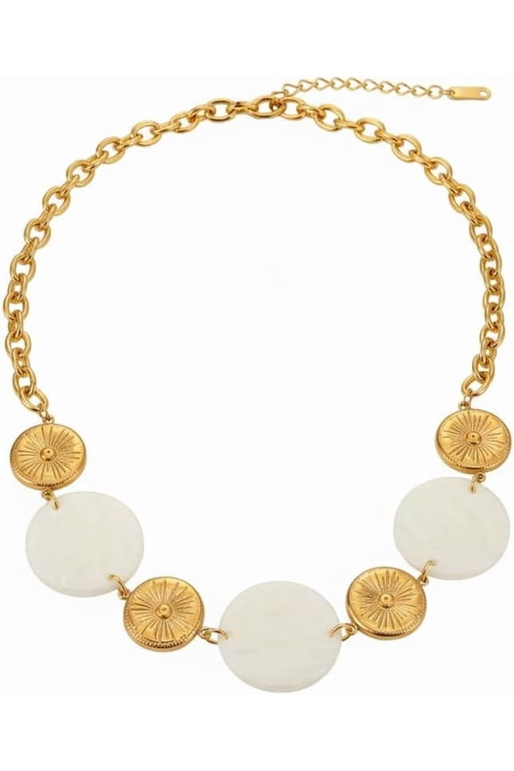 Acrylic Round Coin Choker Necklace for Women Stainless Steel Boho Circle Disc Adjustable Chain Necklaces Statement Fashion 18K Golden Plated Jewelry Birthday