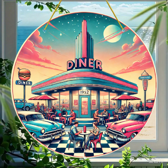 Acrylic Round Hanging Ornament 3 Inch, 1950s Retro American Diner Illustration with Neon Lights and Classic Cars, Durable Acrylic Material 1 Pack for Wall Window Home Decor