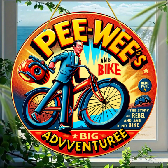 Acrylic Round Hanging Ornament 3 Inch, Retro 80s Style Pee Wee Character and Red Bicycle Graphic Decor, Durable Acrylic Material, 1 Pack for Wall Window and Car Decoration
