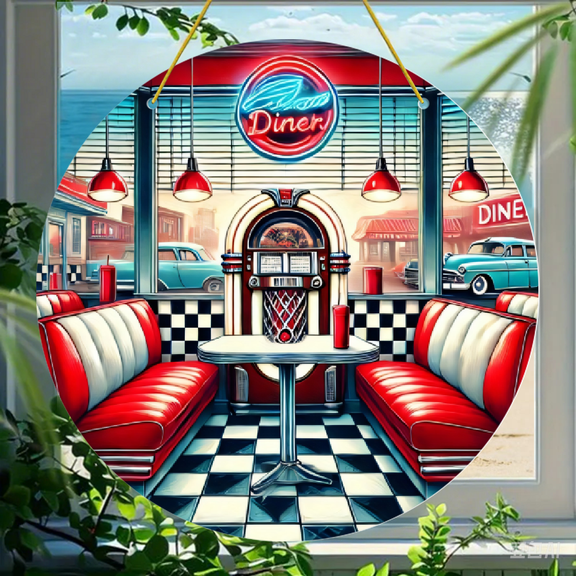 Acrylic Round Hanging Ornament, 50s Retro American Diner Scene with Jukebox and Checkerboard Floor Design, Durable Acrylic Material, 1 Pack, Decorative Wall Art for Home Kitchen or Car Window Decor