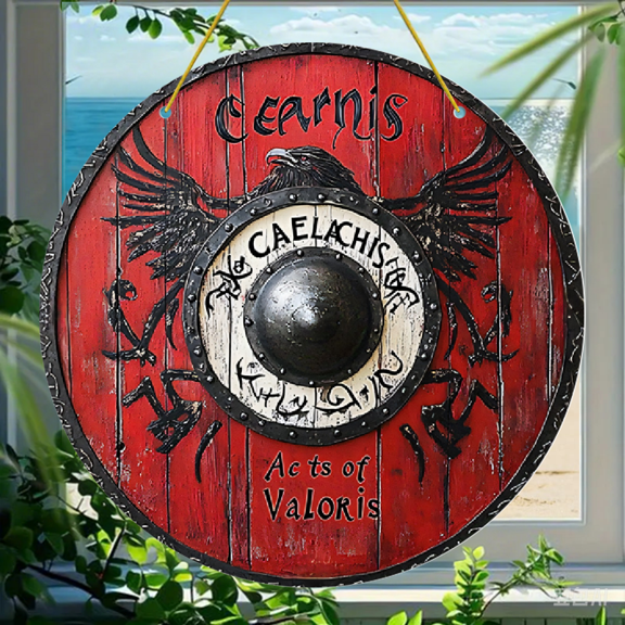 Acrylic Round Hanging Ornament 6 Inch, Medieval Fantasy Shield Design with Raven and Gothic Lettering, Durable Acrylic Decorative Sign, 1 Pack for Home Wall Door or Car Interior Decor
