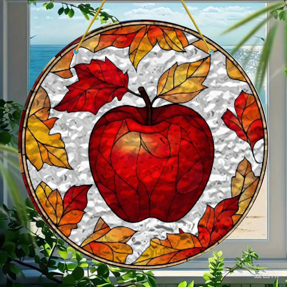 Acrylic Round Hanging Ornament 8 Inch Apple Stained Glass Style Autumn ...