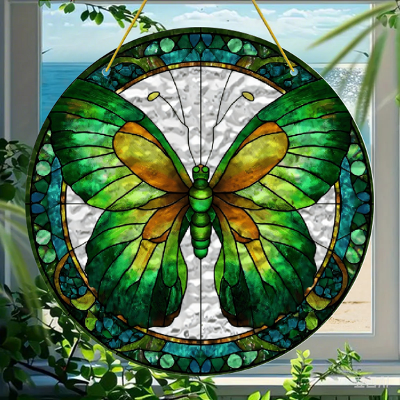Acrylic Round Hanging Ornament 8x8 Inch, Butterfly Stained Glass Style Artwork with Teal Leaf Border, Acrylic Wall and Door Decor 1pc
