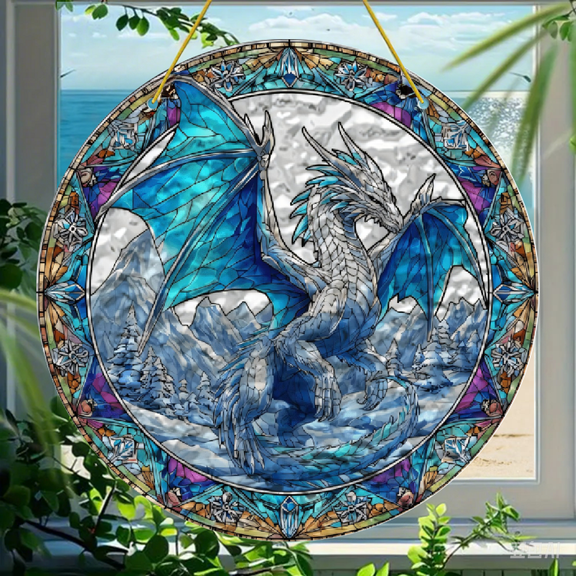Acrylic Round Hanging Ornament 8x8 Inch, Dragon in Snowy Mountain Stained Glass Style, Clear Acrylic Circle Decoration 1pc for Wall Door Window Home Decor