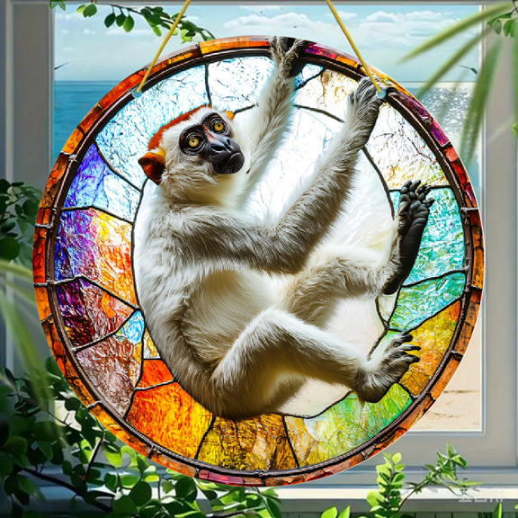 Acrylic Round Hanging Ornament 8x8 Inch, Saki Monkey in Gothic Stained Glass Window Design 1pc for Wall Door Car Window Home Decor