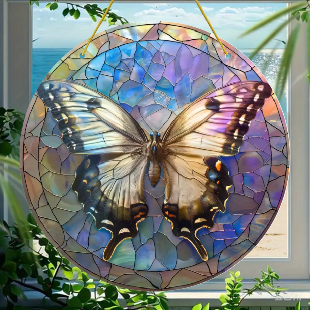 Acrylic Round Hanging Ornament 8x8 Inch Stained Glass Butterfly Design ...