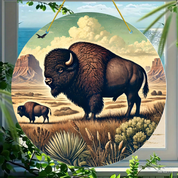 Acrylic Round Hanging Ornament, Bison in Natural Grassland Landscape Illustration Design, Durable Acrylic Material, 1 Pack, Decorative Wall Art for Home Office Living Room Window Decor