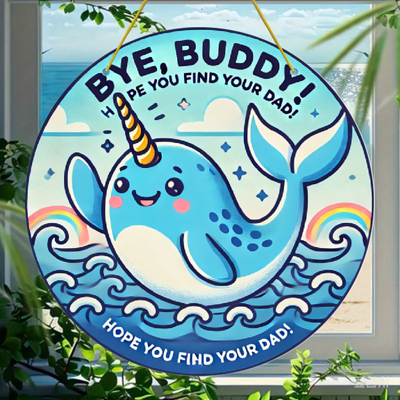Acrylic Round Hanging Ornament, Cute Narwhal Cartoon Illustration with Bye Buddy Text Design, Durable Acrylic Material, 1 Pack, Decorative Wall Art for Home or Car Interior Decor