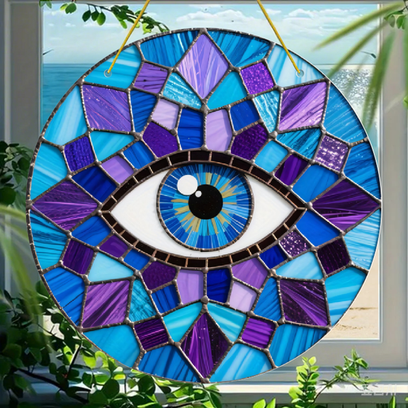 Acrylic Round Hanging Ornament, Evil Eye Mosaic Pattern with Blue and Purple Glass Art Design, Durable Acrylic Material, 1 Pack for Wall Window Car Decor