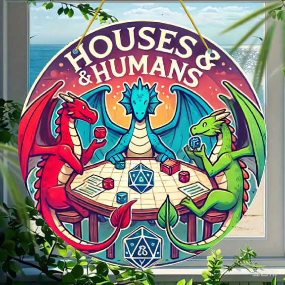 Acrylic Round Hanging Ornament, Houses and Humans Fantasy Dragon Tabletop RPG Gaming Art, Clear Acrylic Decorative Disc 1 Pack for Home Wall or Car Mirror Decor