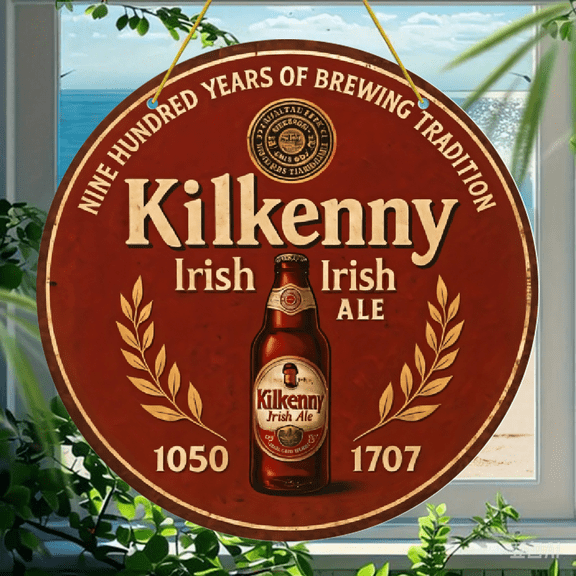 Acrylic Round Hanging Ornament, Kilkenny Irish Ale Vintage Design Print, Decorative Wall Art for Bar Pub Home Kitchen Decor, Lightweight Acrylic Material, 1 Pack